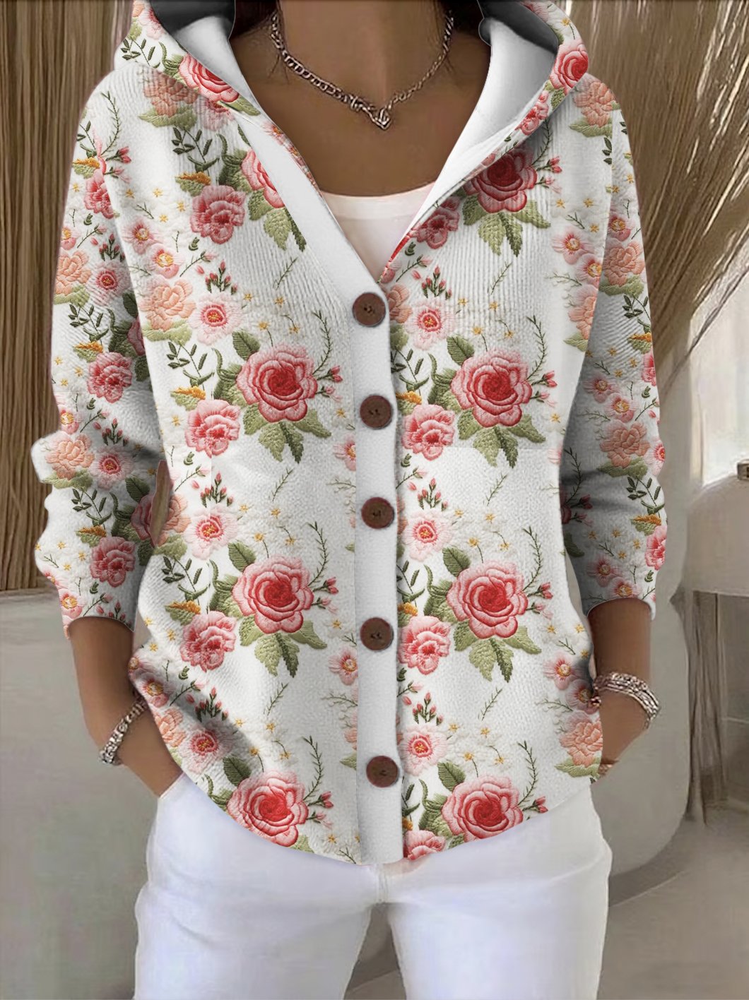 Damen Baumwolle Geblümt Langarm Bequem Lässig Strickjacke