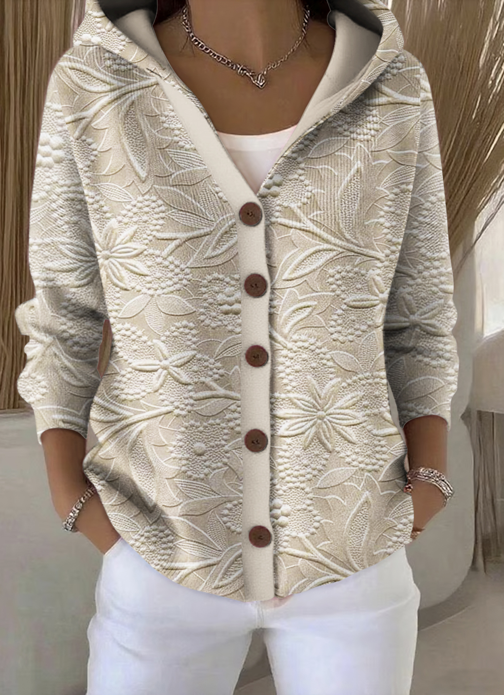 Damen Baumwolle Geblümt Langarm Bequem Lässig Strickjacke