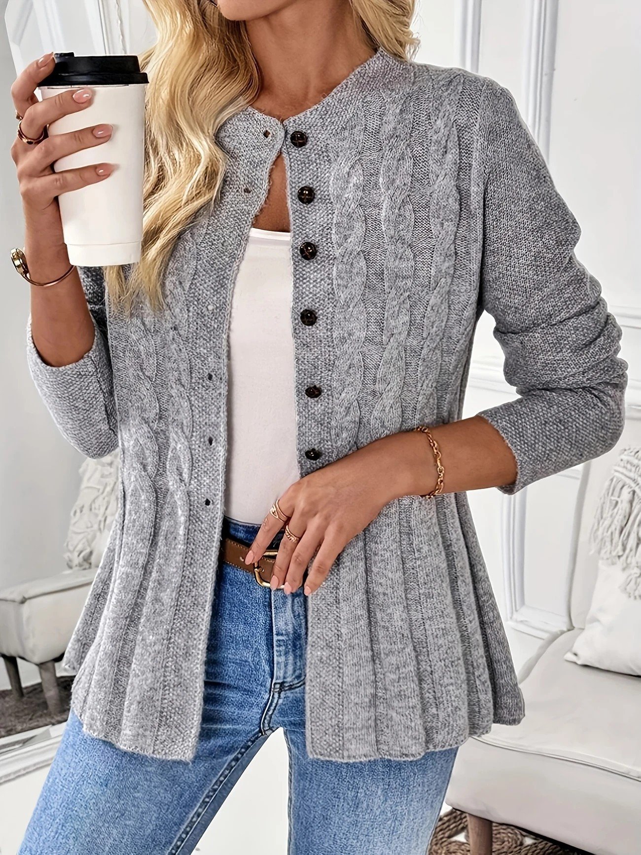 Damen Unifarben Langarm Bequem Lässig Strickjacke