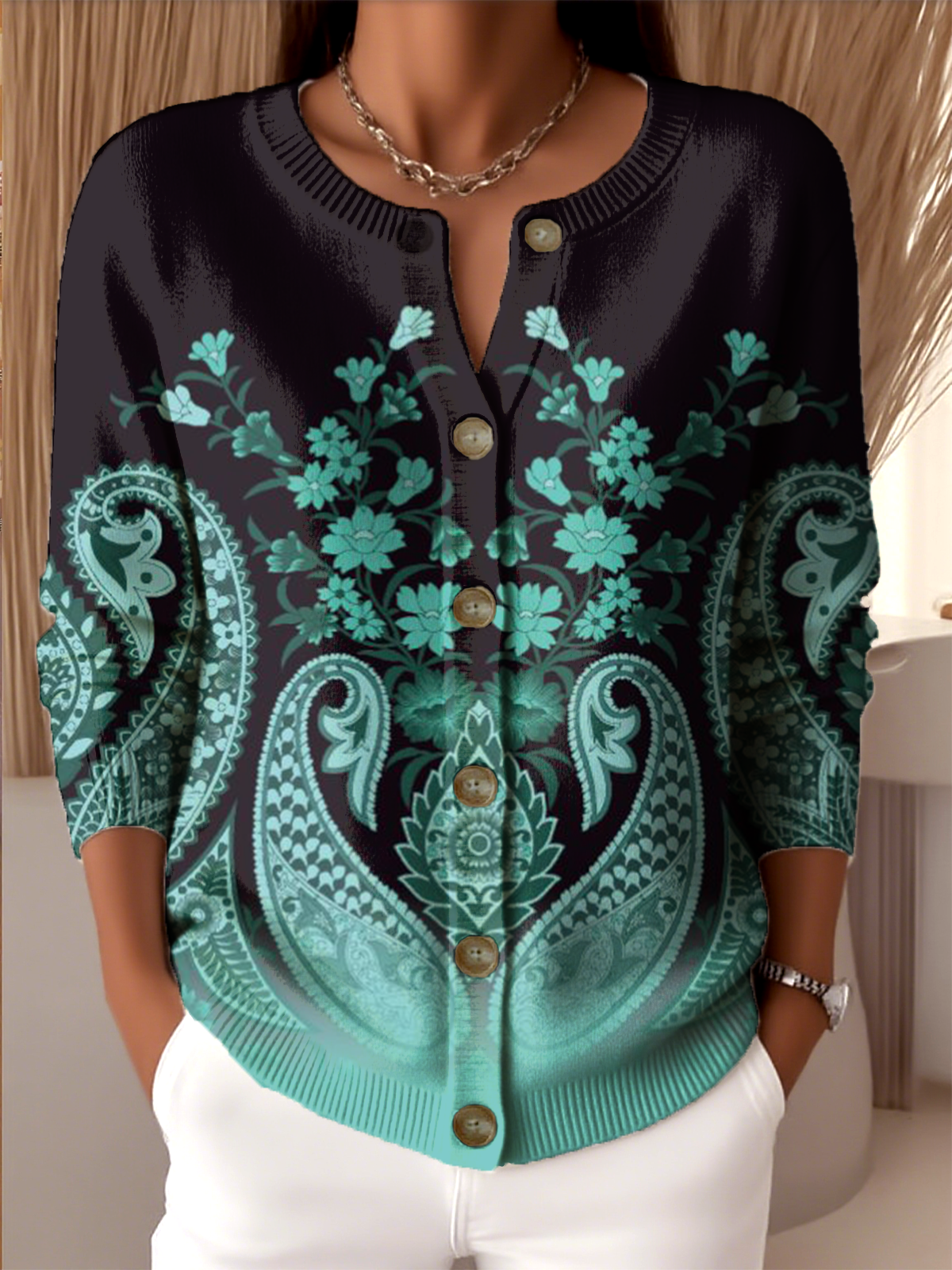 Damen Gestrickt Paisley Langarm Bequem Retro Strickjacke