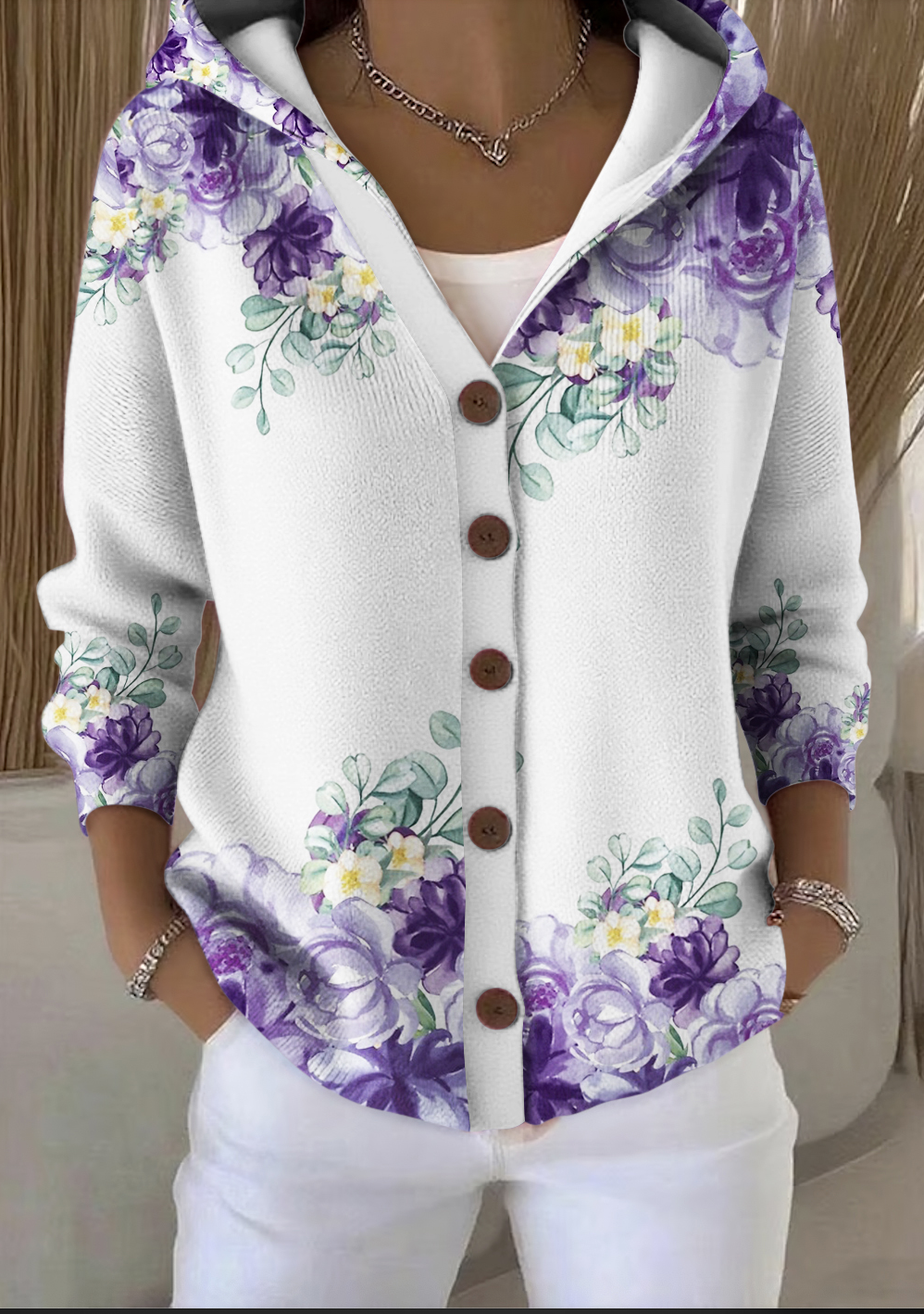 Damen Baumwolle Geblümt Langarm Bequem Lässig Strickjacke