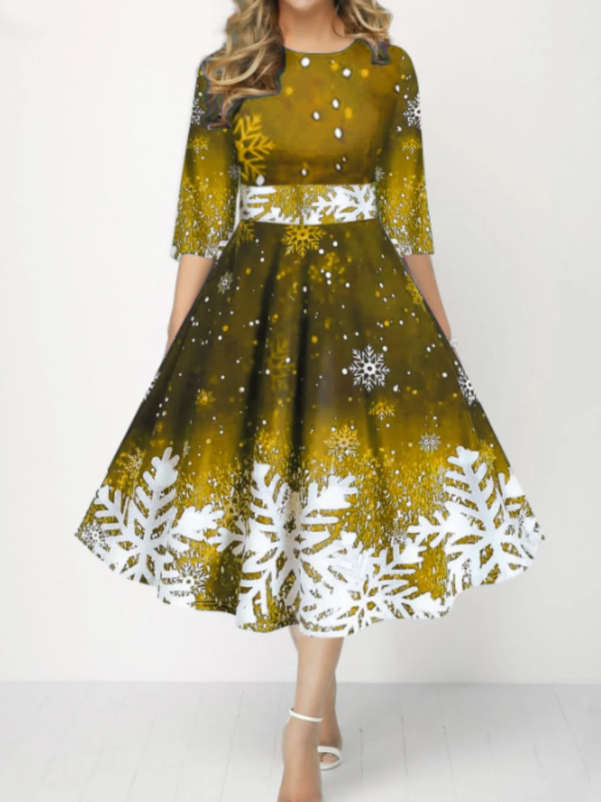 Damen Weihnachten Frühling/Herbst Kleid Rundhals Dreiviertelärmel A-Linien-Kleid