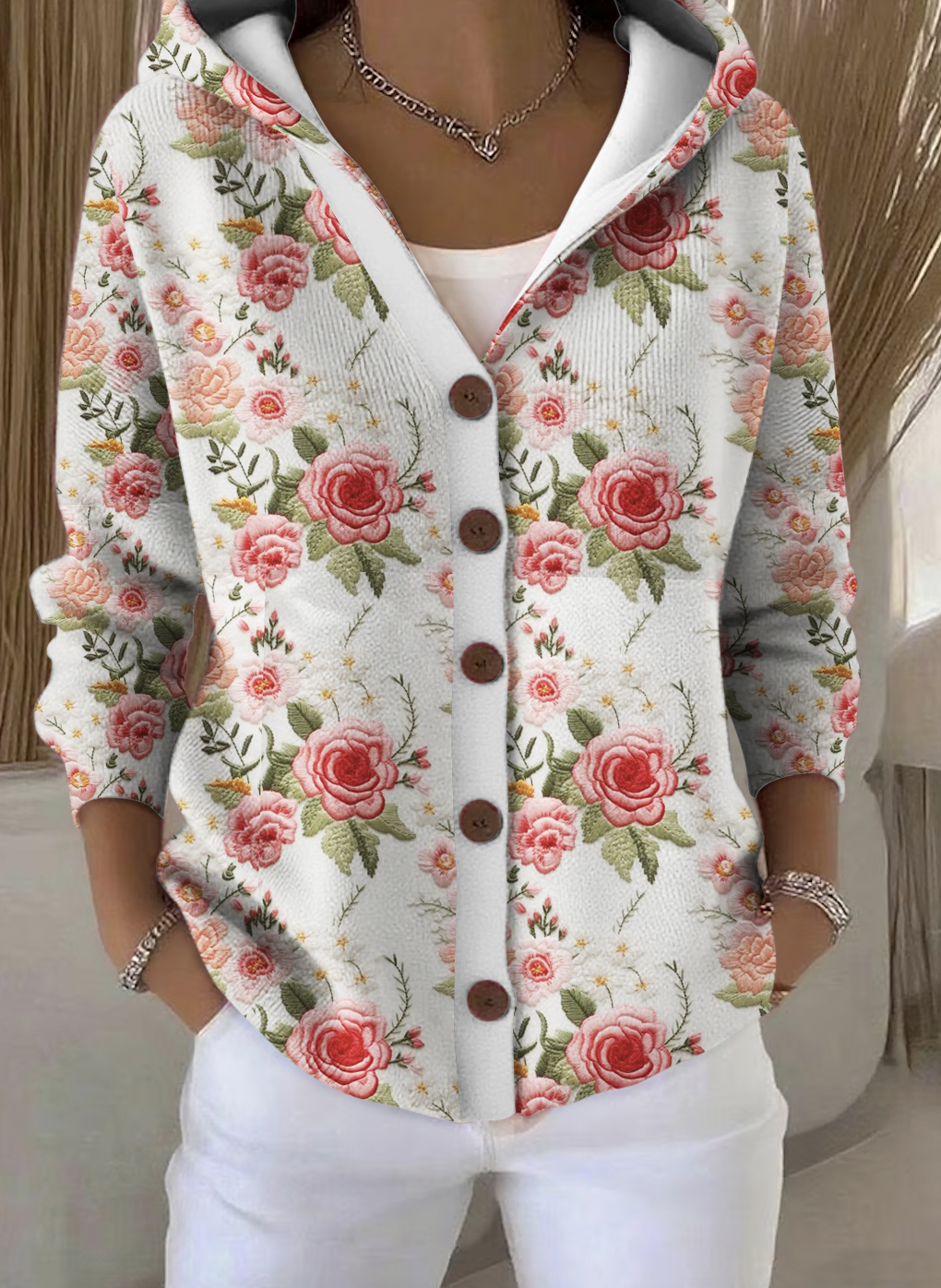 Damen Baumwolle Geblümt Langarm Bequem Lässig Strickjacke