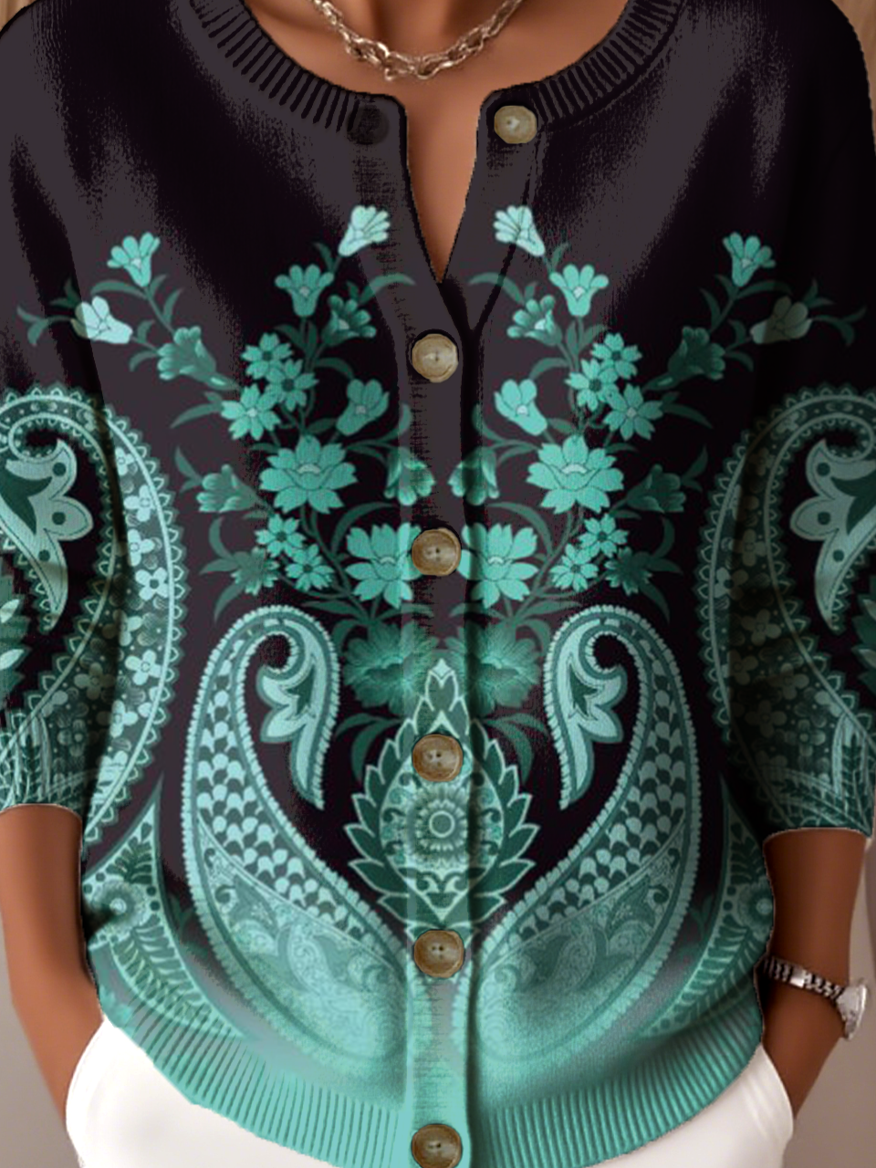 Damen Gestrickt Paisley Langarm Bequem Retro Strickjacke