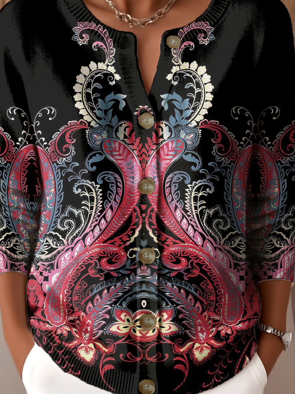 Damen Gestrickt Paisley Langarm Bequem Retro Strickjacke
