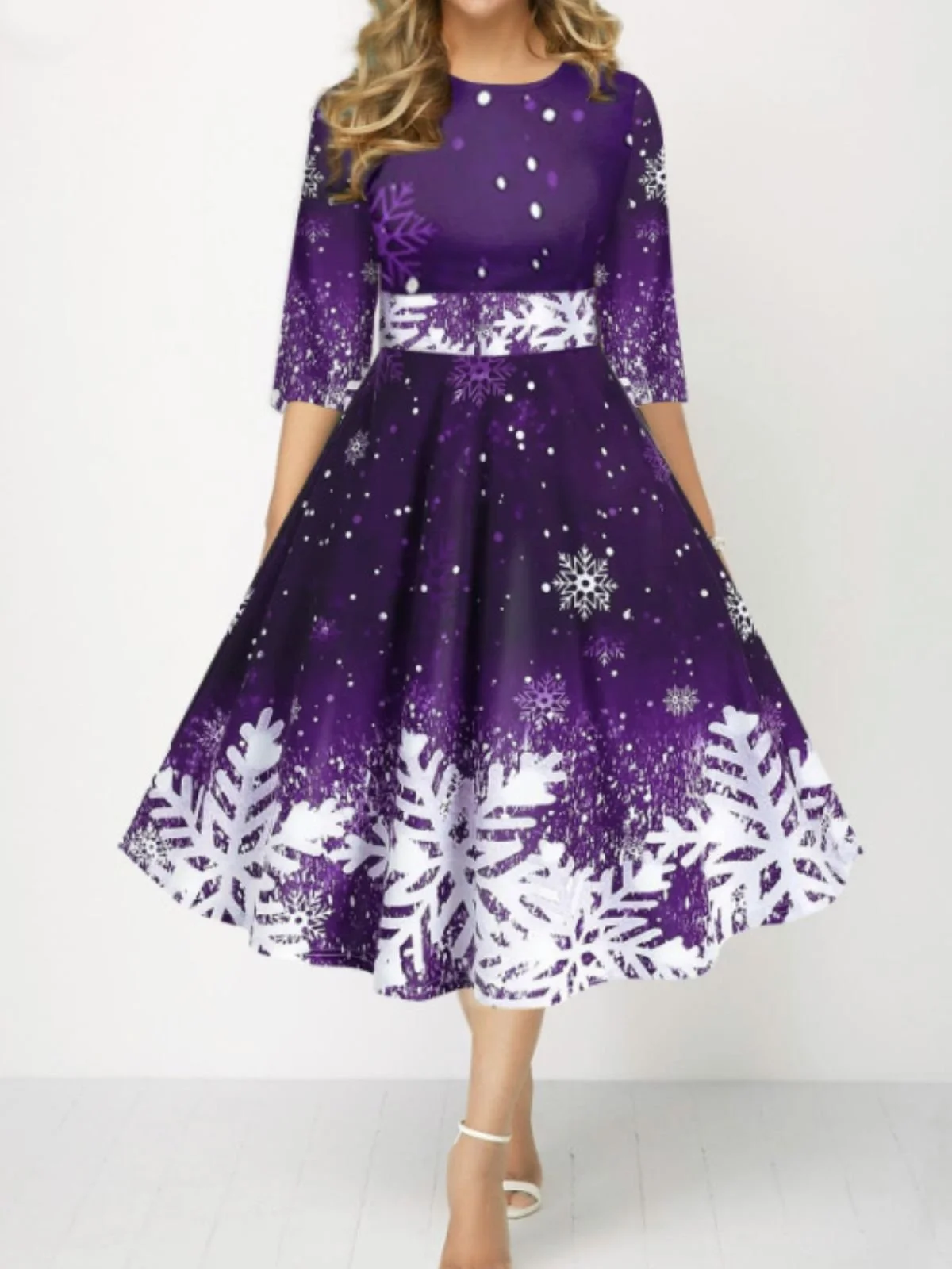 Damen Weihnachten Frühling/Herbst Kleid Rundhals Dreiviertelärmel A-Linien-Kleid