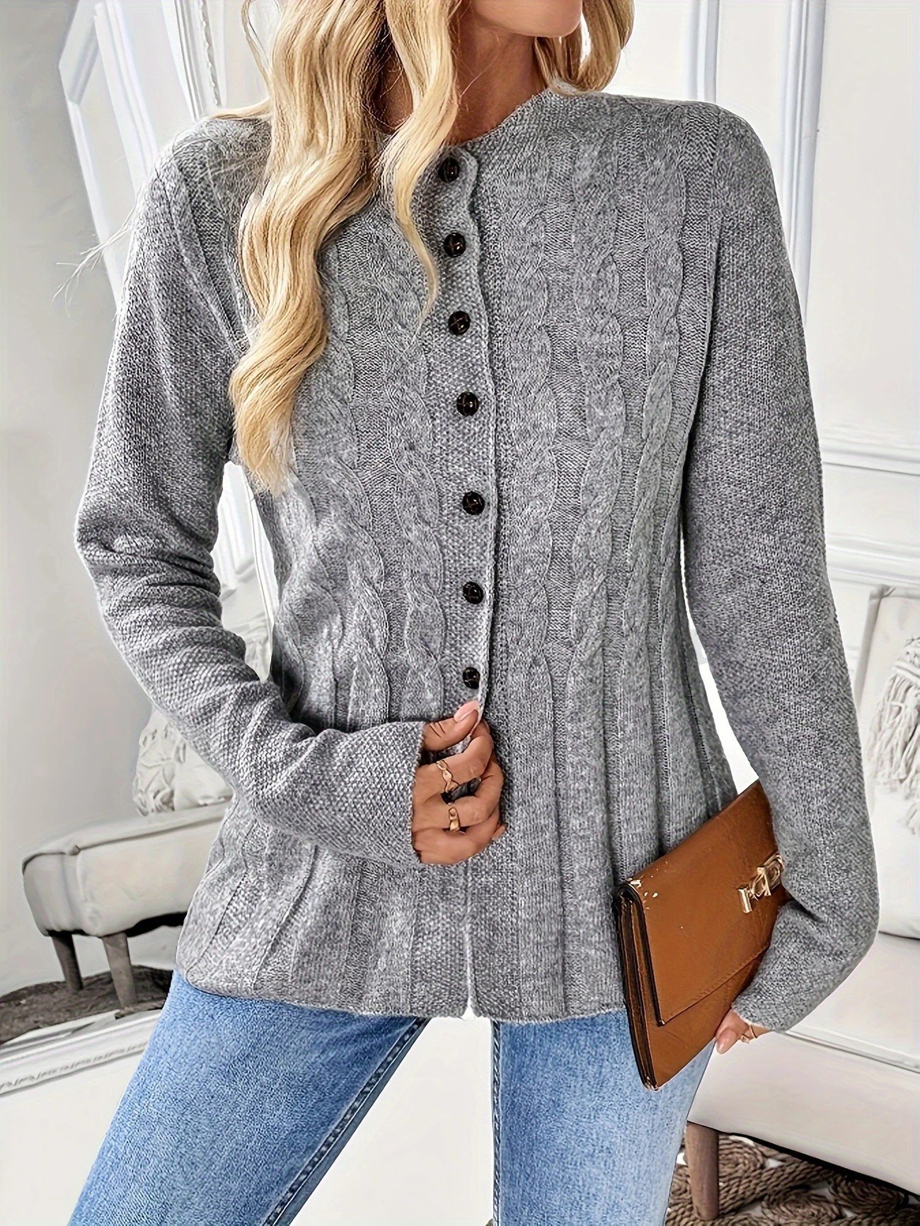Damen Unifarben Langarm Bequem Lässig Strickjacke