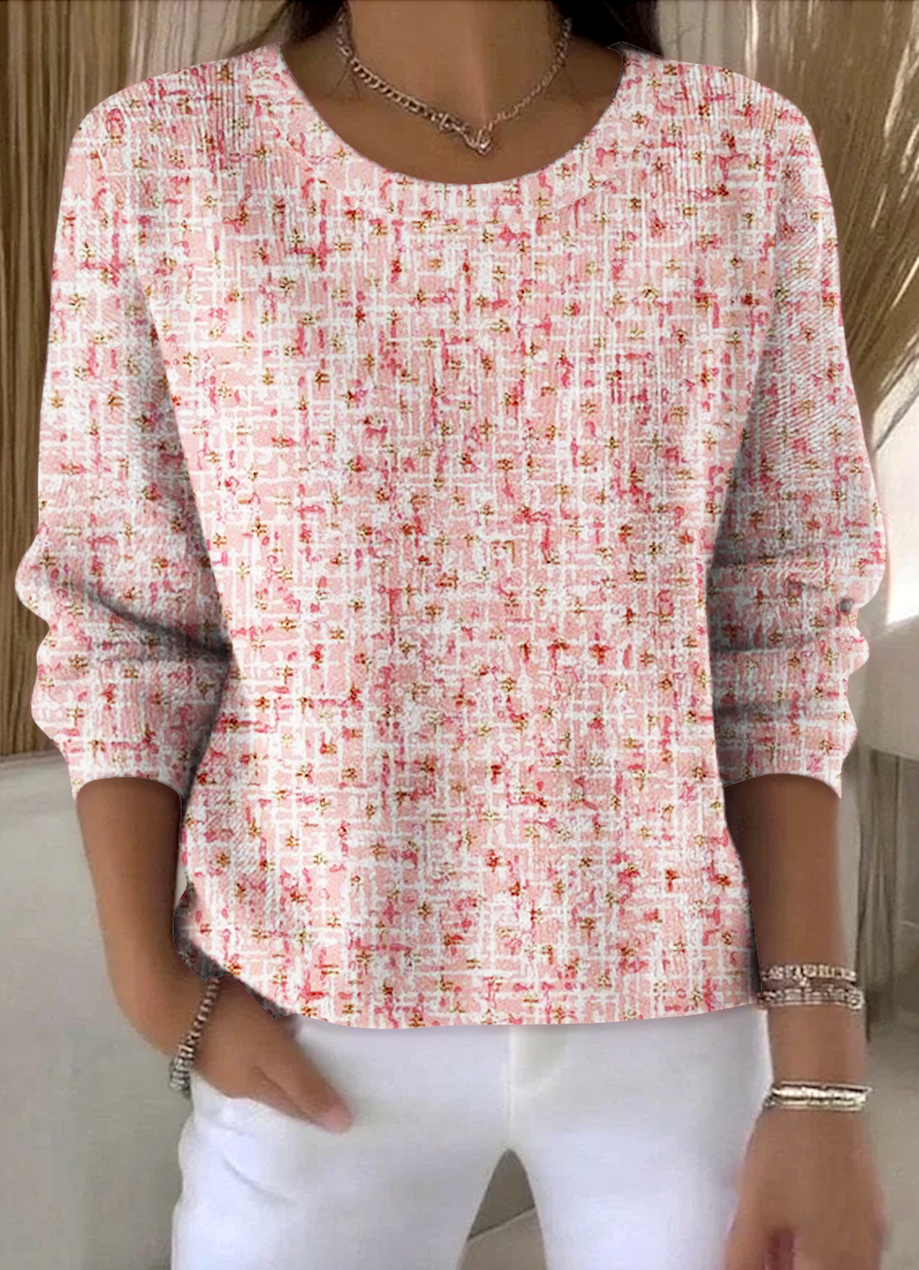 Damen Baumwolle Geometrisch Langarm Bequem Retro Pullover