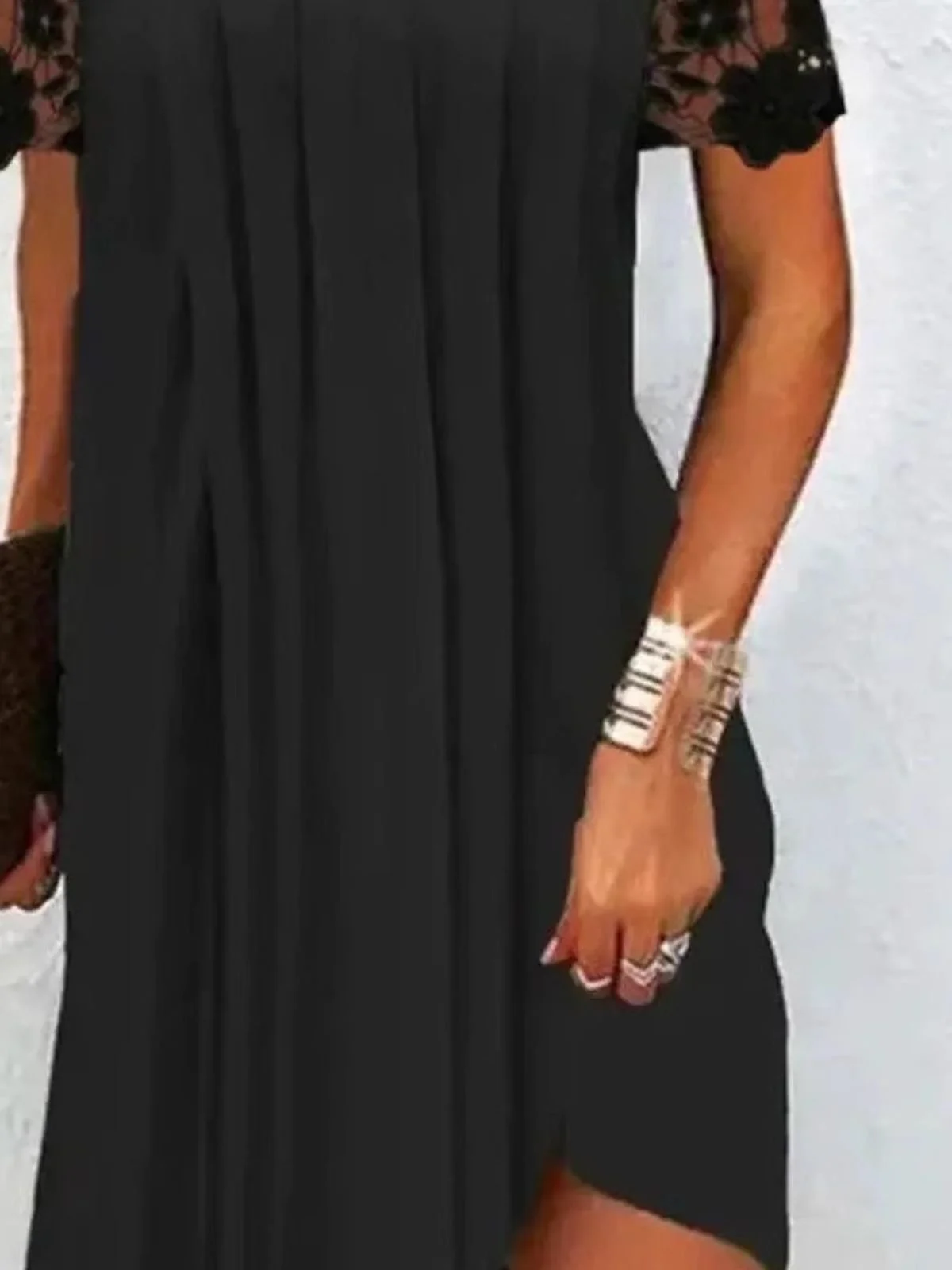 Damen Unifarben Sommer Ausgehöhlt Kleid V-Ausschnitt Kurzarm T-Shirt-Kleid H-Linie Kleid