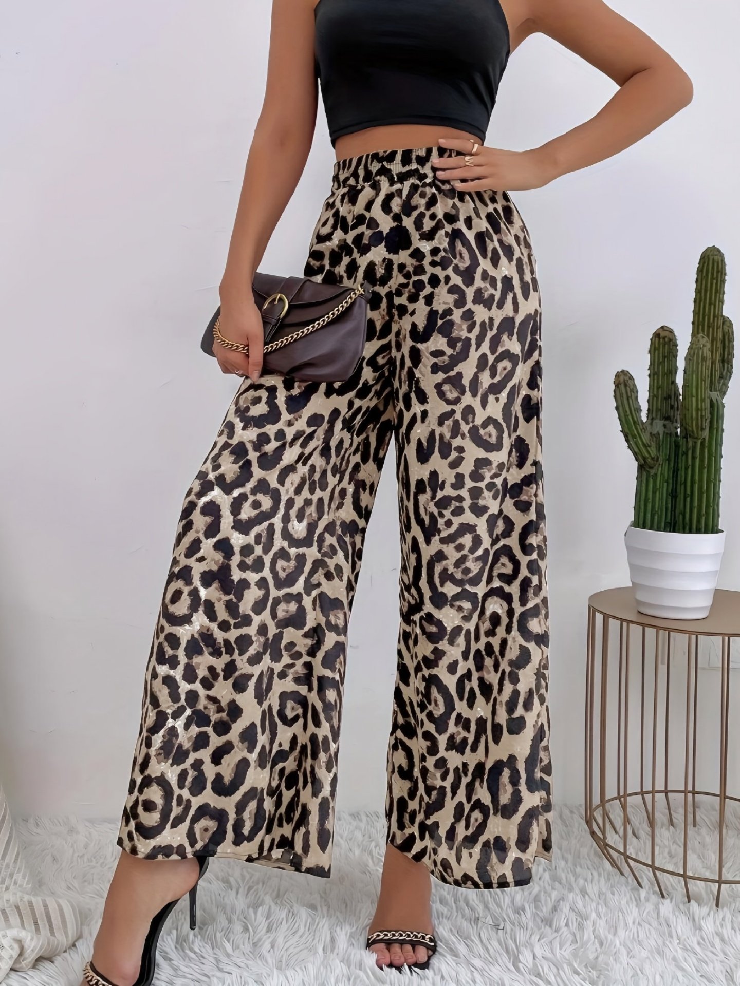 Damen Leopard Lang Elastische Taille Hose Retro Frühling/Herbst Hose