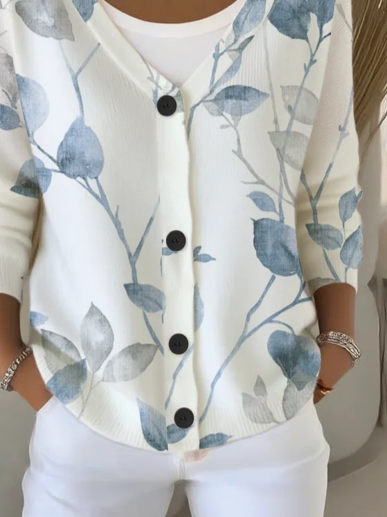 Damen Geblümt Langarm Bequem Lässig Strickjacke