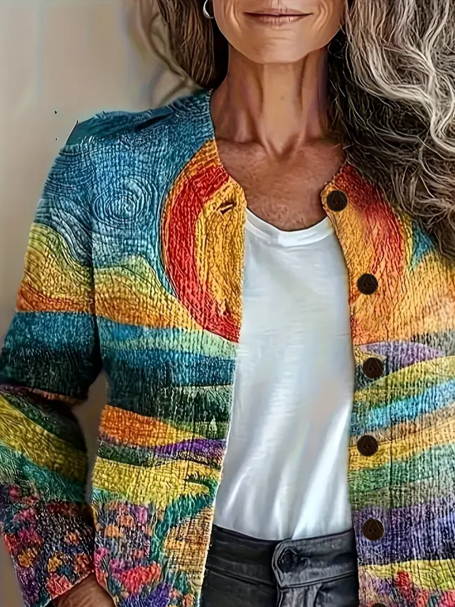 Damen Abstrakt Langarm Bequem Retro Print Strickjacke