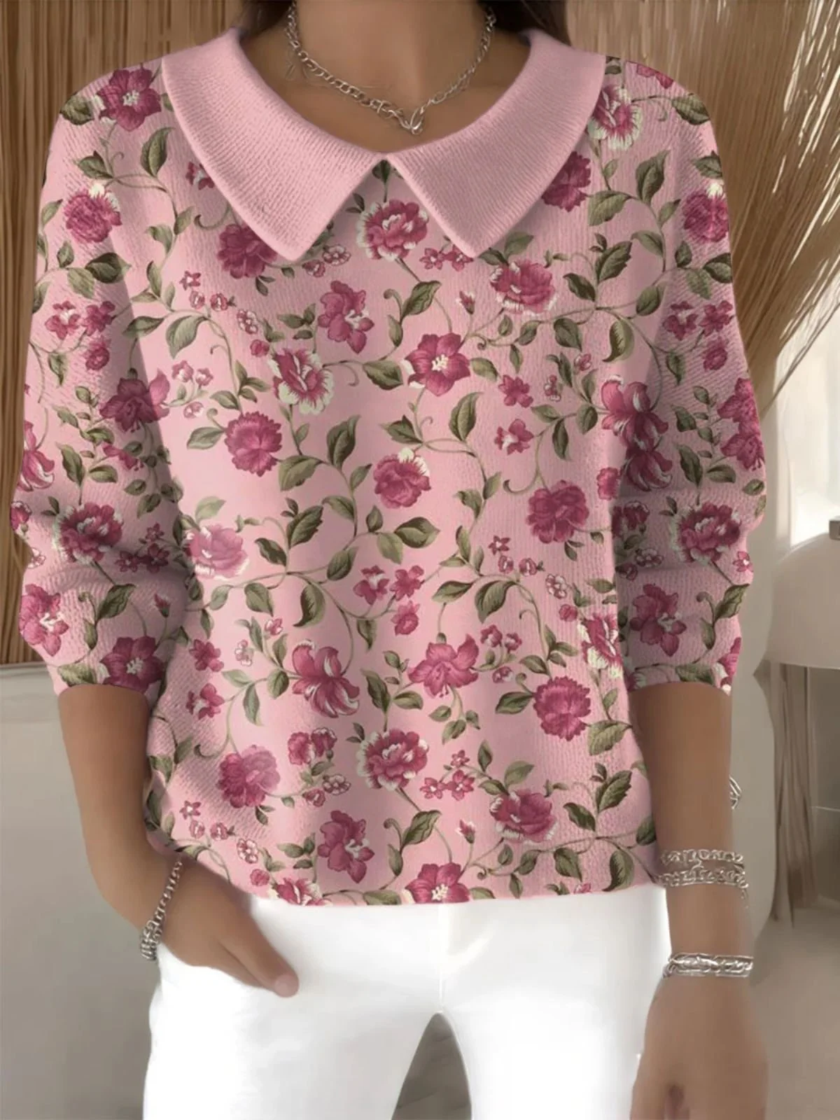Damen Baumwolle Geblümt Langarm Bequem Lässig Pullover