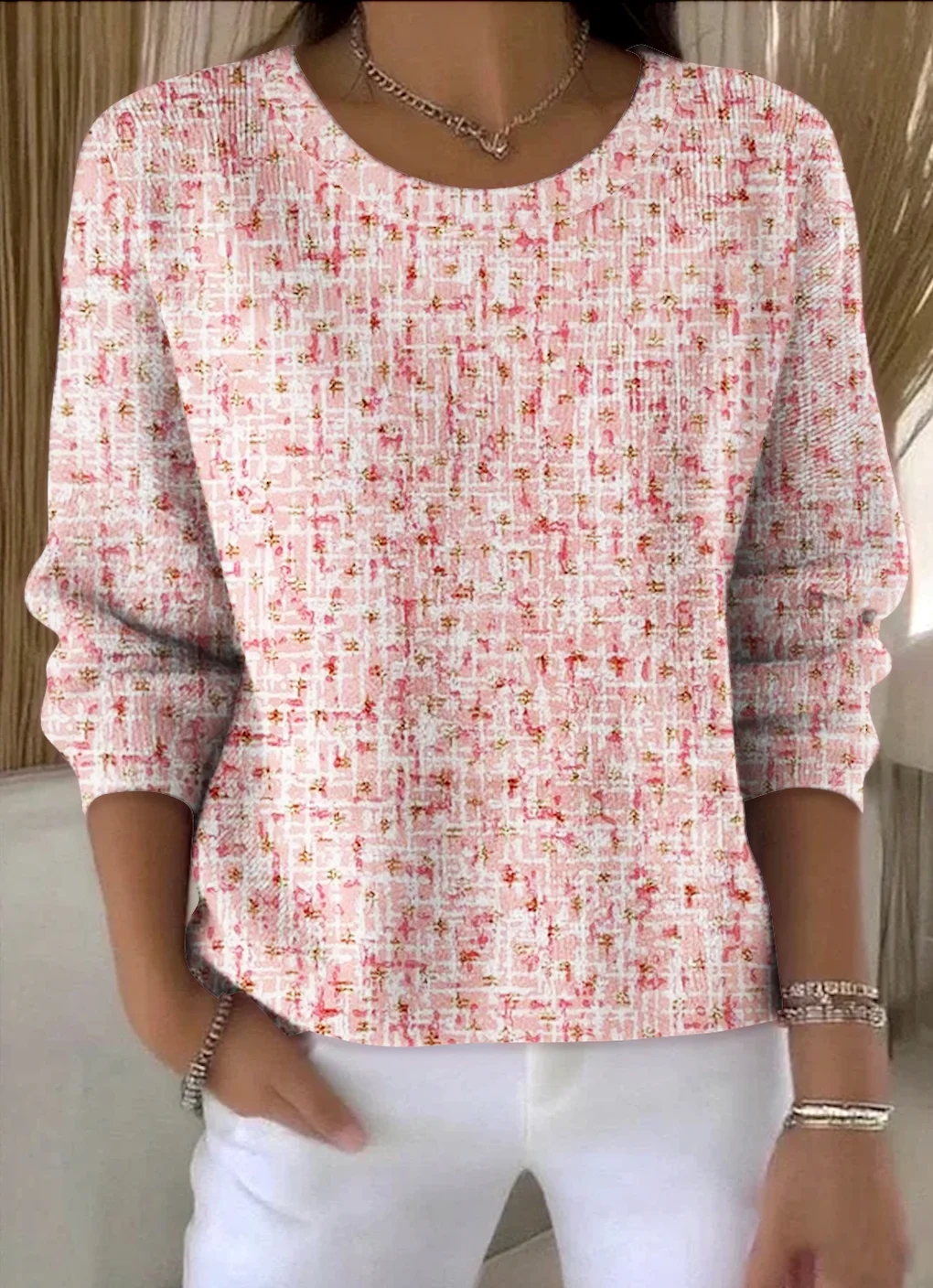 Damen Baumwolle Geometrisch Langarm Bequem Retro Pullover