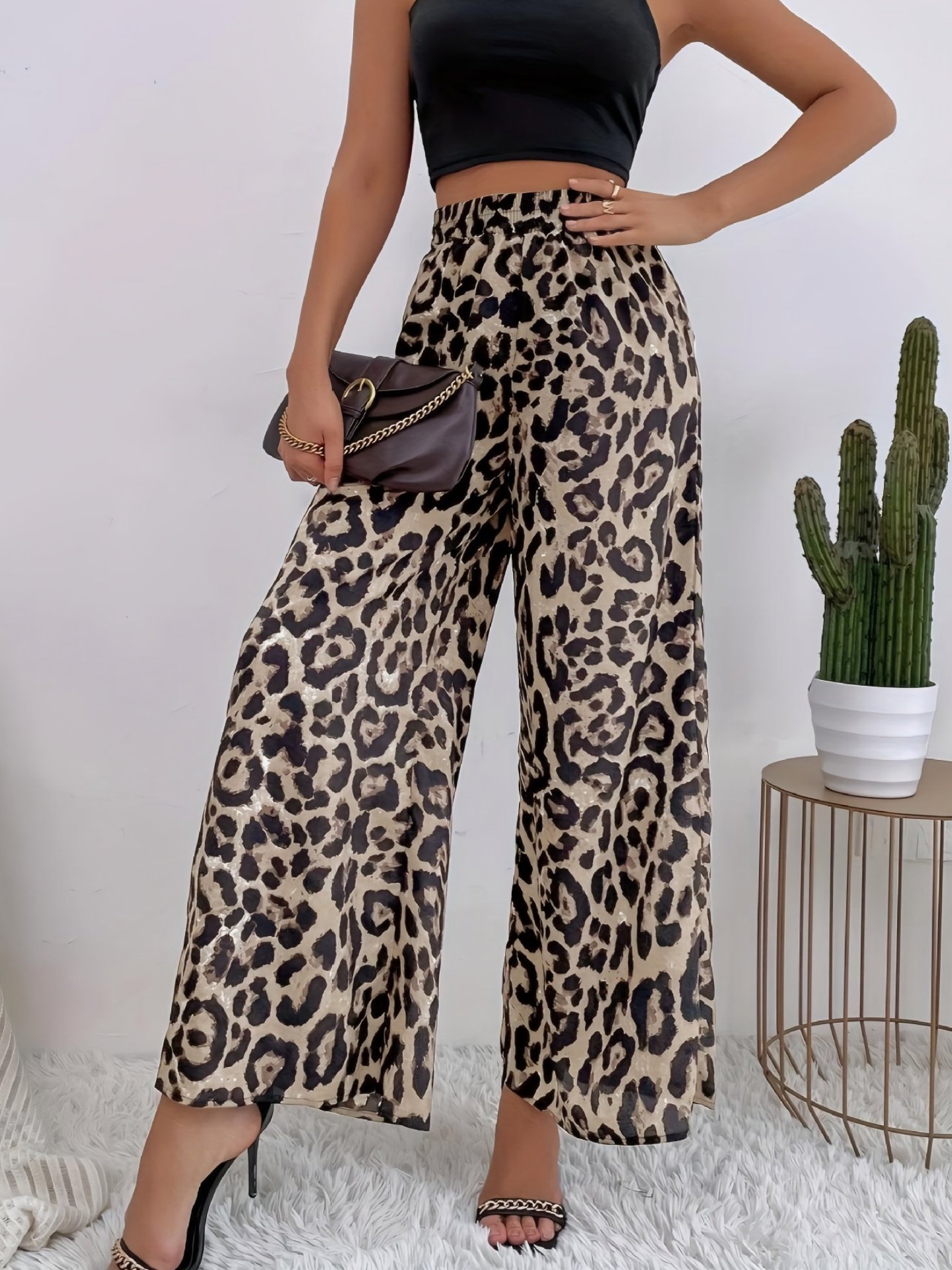 Damen Leopard Lang Elastische Taille Hose Retro Frühling/Herbst Hose