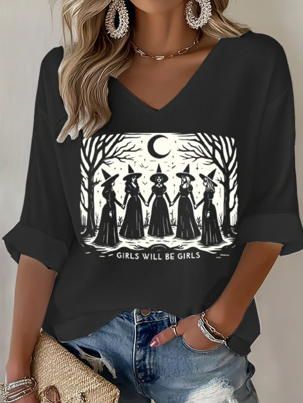 Retro Halloween V-Ausschnitt Dreiviertelärmel T-Shirt
