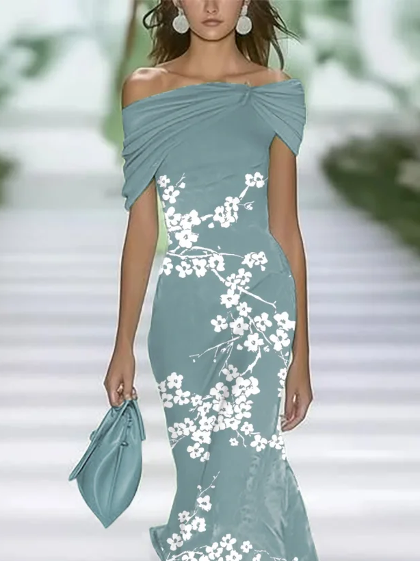 Damen Geblümt Sommer Print Kleid Schulterfrei Flügelärmel H-Linie Kleid