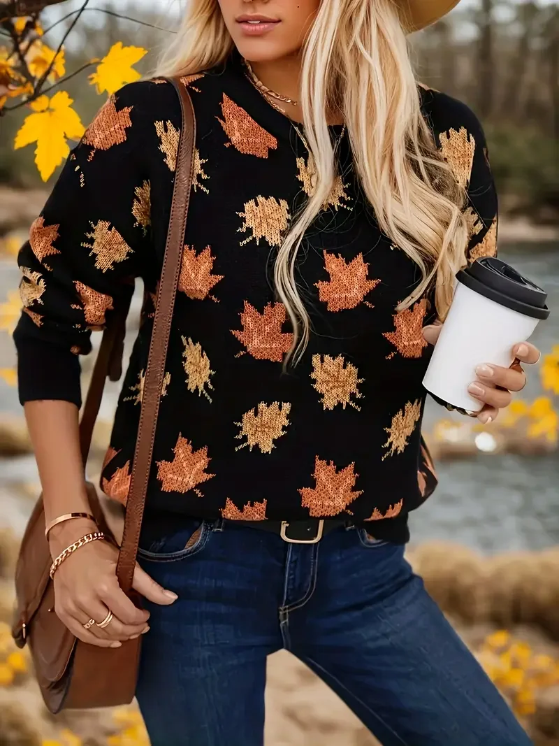 Damen Ahornblatt Langarm Bequem Lässig Print Pullover