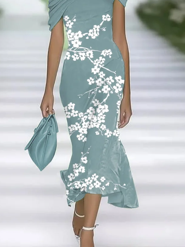 Damen Geblümt Sommer Print Kleid Schulterfrei Flügelärmel H-Linie Kleid
