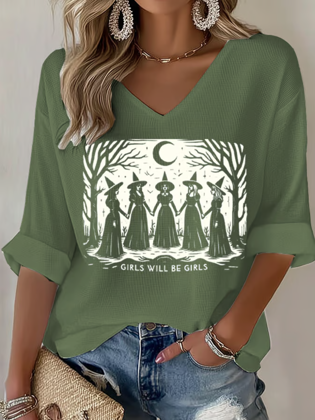 Retro Halloween V-Ausschnitt Dreiviertelärmel T-Shirt