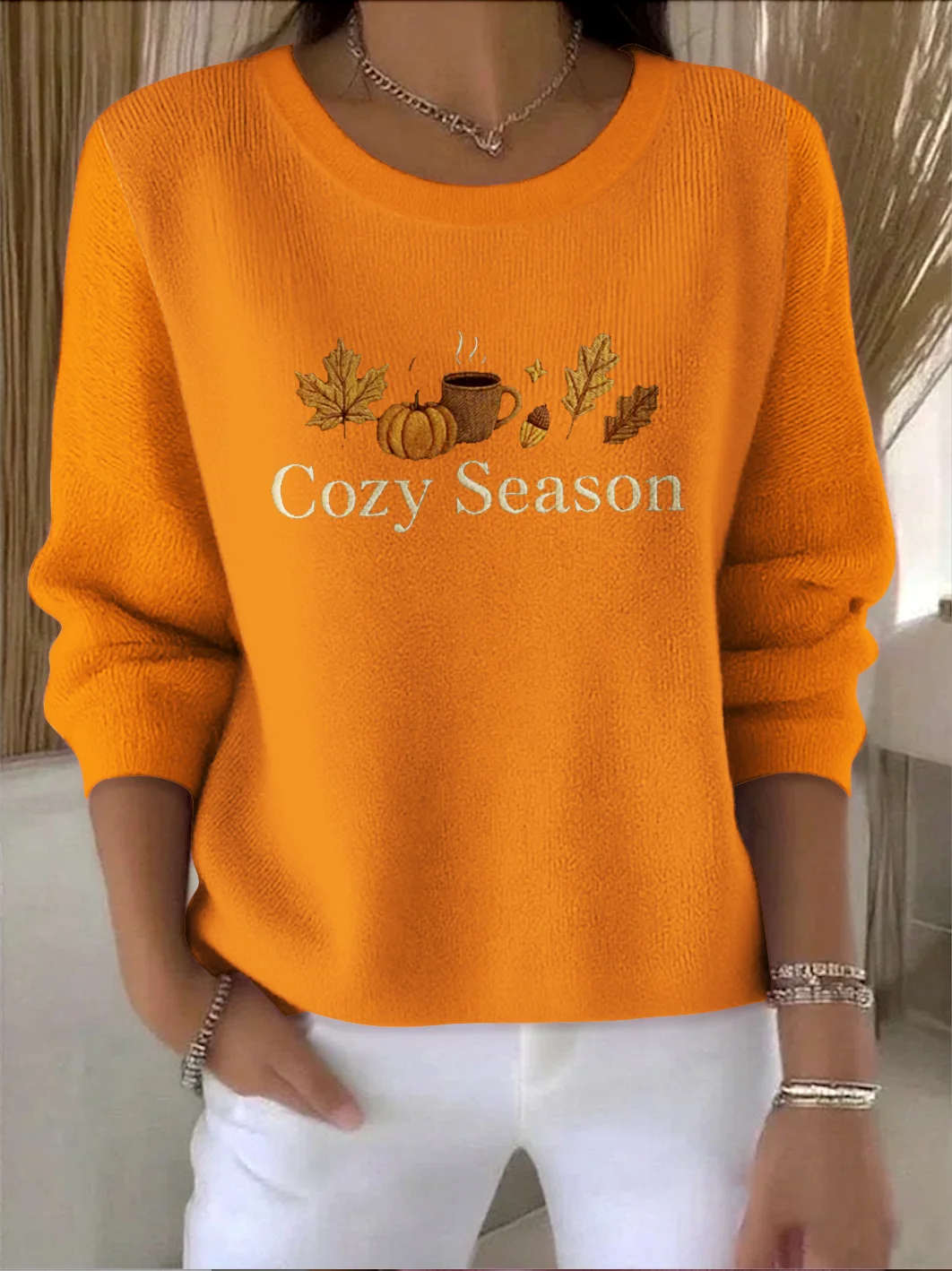 Damen Baumwolle Pflanzen Langarm Bequem Retro Pullover