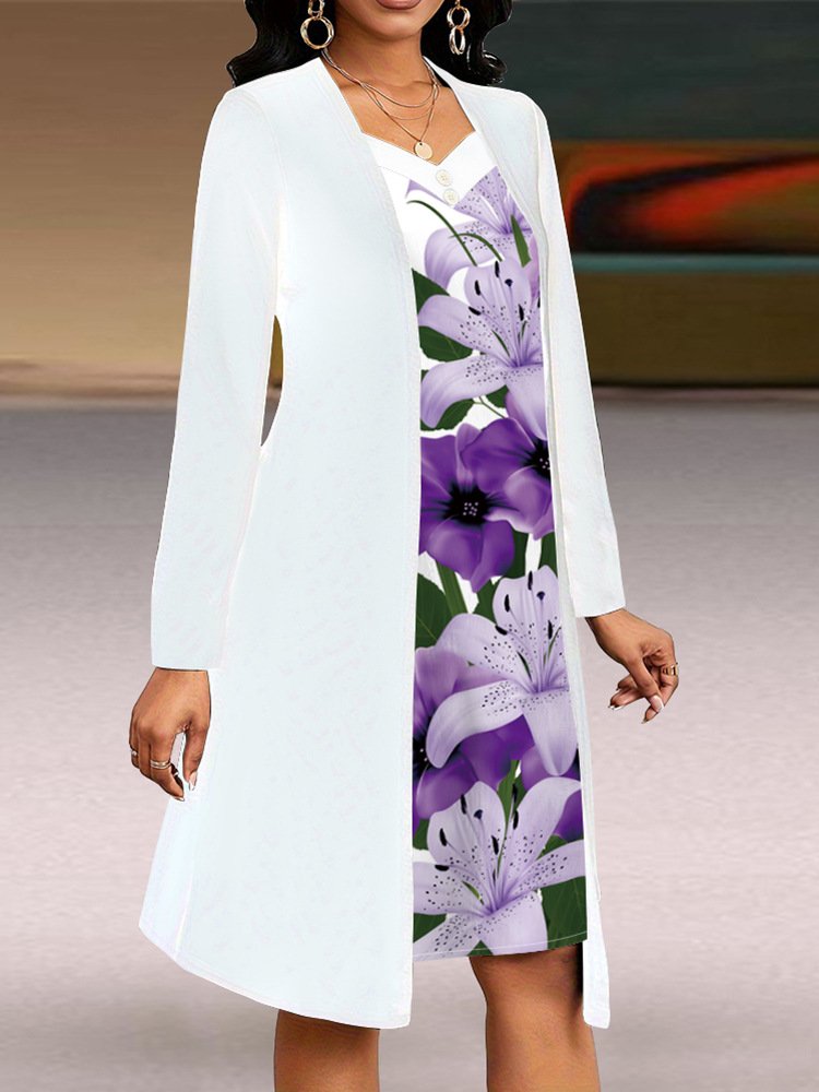 Damen Geblümt Frühling/Herbst Kleid V-Ausschnitt Langarm A-Linien-Kleid