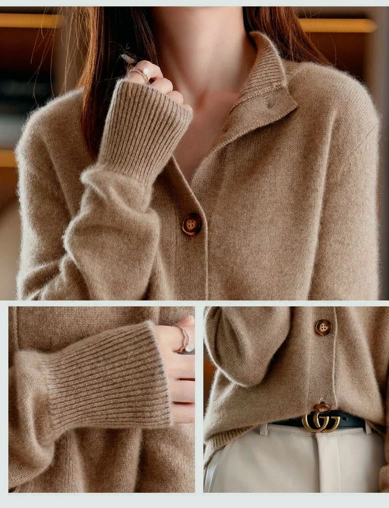 Damen Unifarben Langarm Bequem Retro Strickjacke