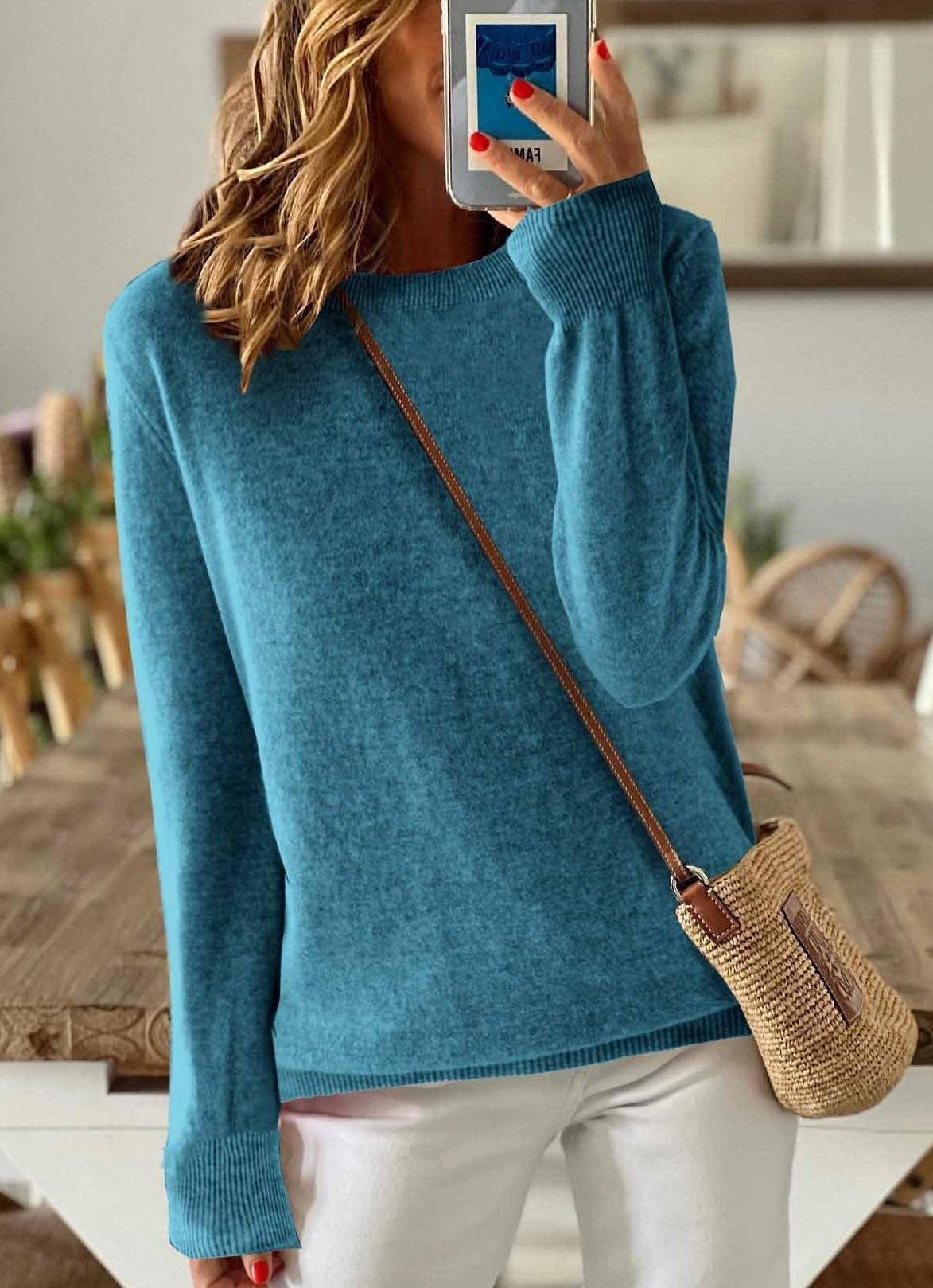 Damen Unifarben Langarm Bequem Retro Strickjacke