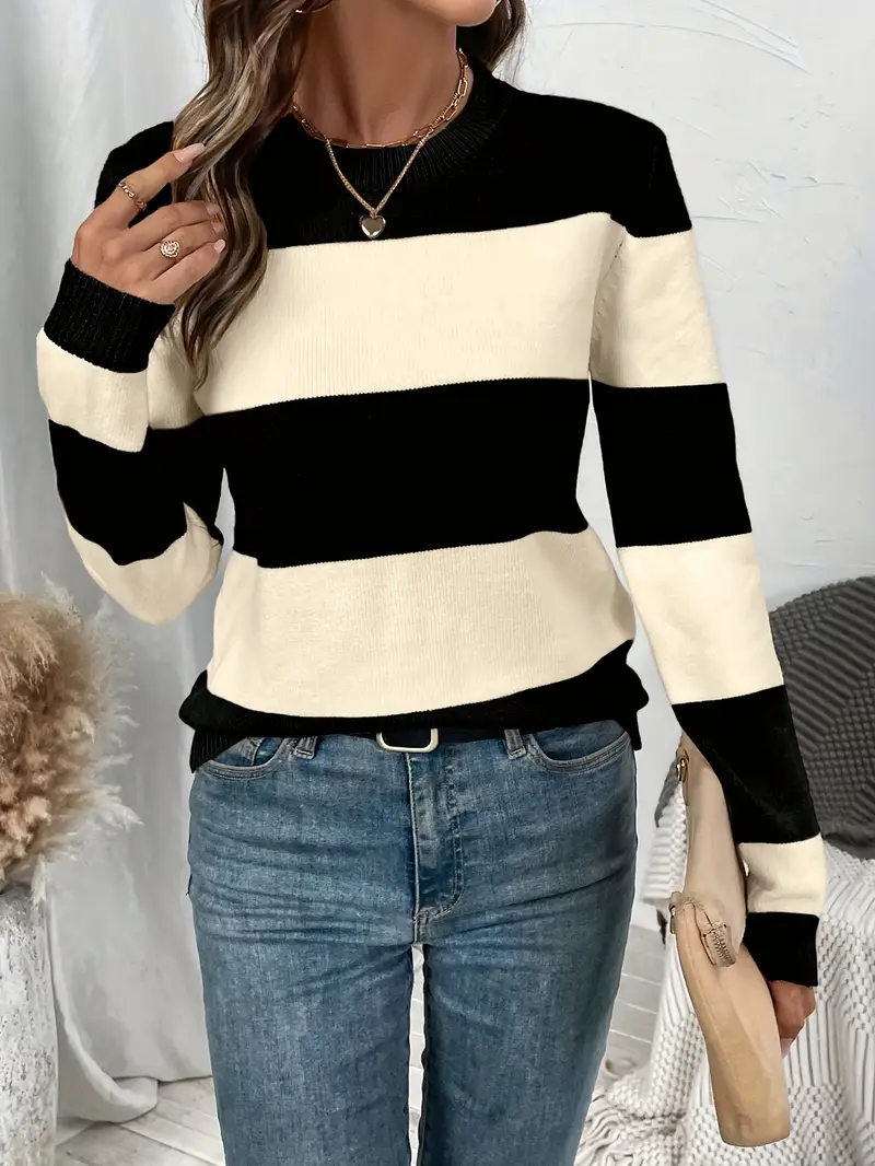 Damen Gestreift Langarm Bequem Lässig Print Pullover