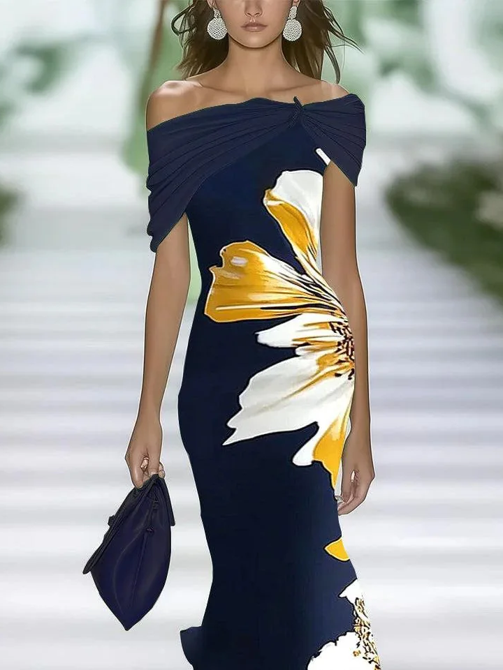 Damen Geblümt Sommer Print Kleid Schulterfrei Flügelärmel H-Linie Kleid