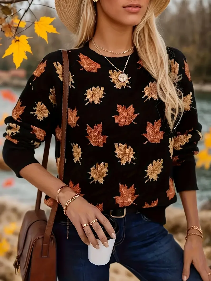Damen Ahornblatt Langarm Bequem Lässig Print Pullover