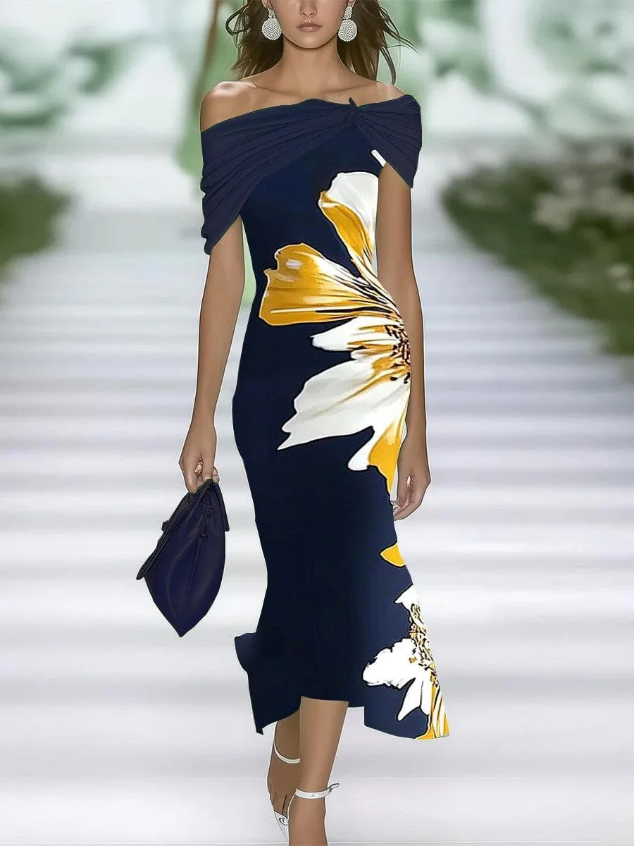 Damen Geblümt Sommer Print Kleid Schulterfrei Flügelärmel H-Linie Kleid
