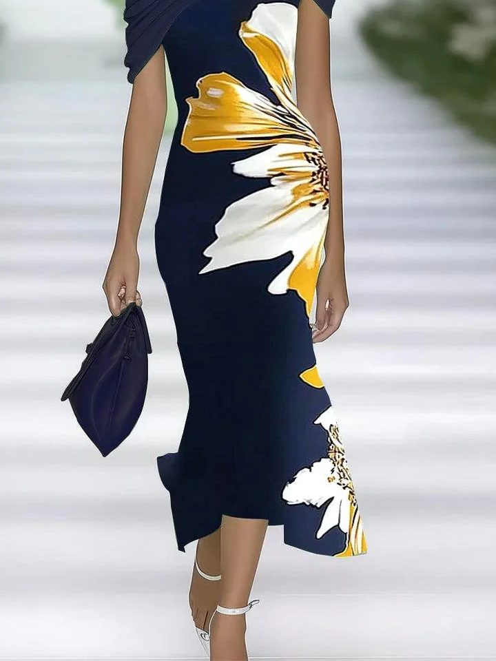 Damen Geblümt Sommer Print Kleid Schulterfrei Flügelärmel H-Linie Kleid