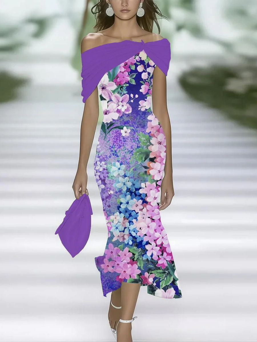 Damen Geblümt Sommer Print Kleid Schulterfrei Flügelärmel H-Linie Kleid