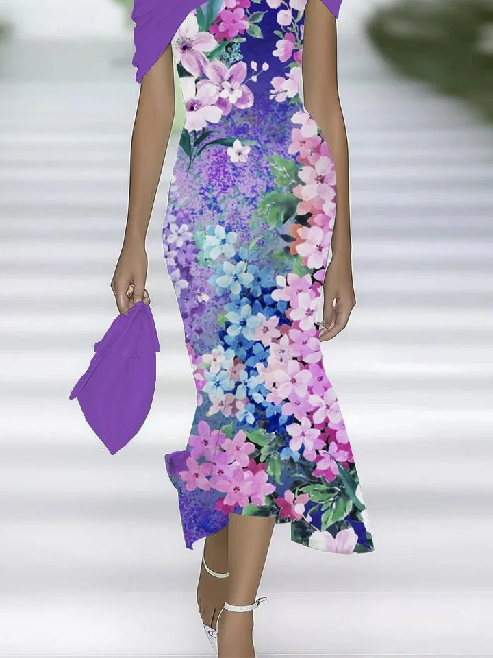 Damen Geblümt Sommer Print Kleid Schulterfrei Flügelärmel H-Linie Kleid