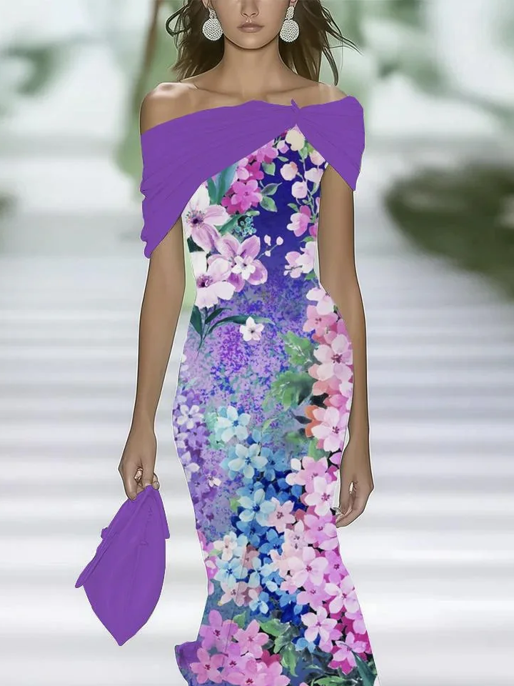 Damen Geblümt Sommer Print Kleid Schulterfrei Flügelärmel H-Linie Kleid