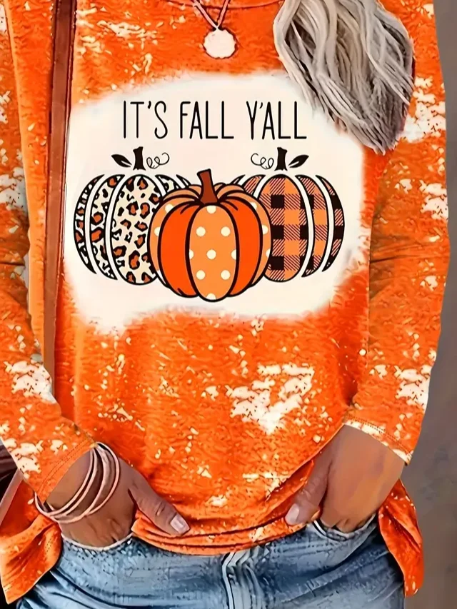 Lässig Halloween (Kürbis) Rundhals Langarm T-Shirt