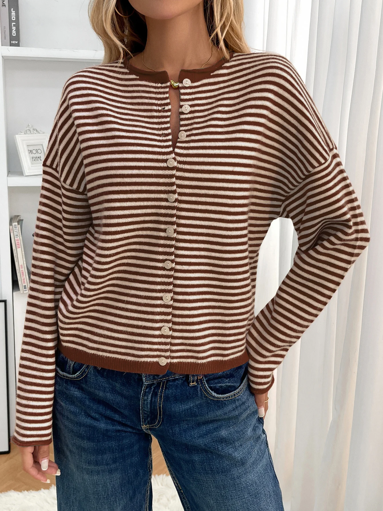 Damen Baumwolle Gestreift Langarm Bequem Lässig Strickjacke