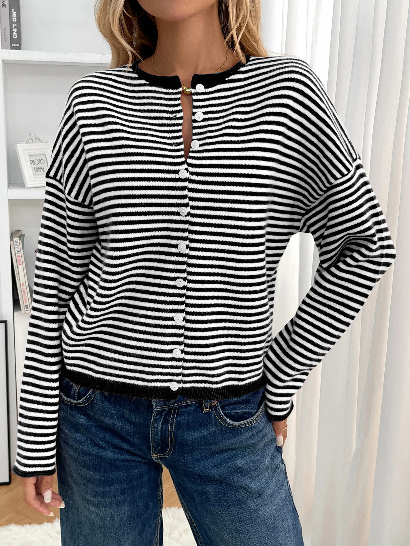 Damen Baumwolle Gestreift Langarm Bequem Lässig Strickjacke