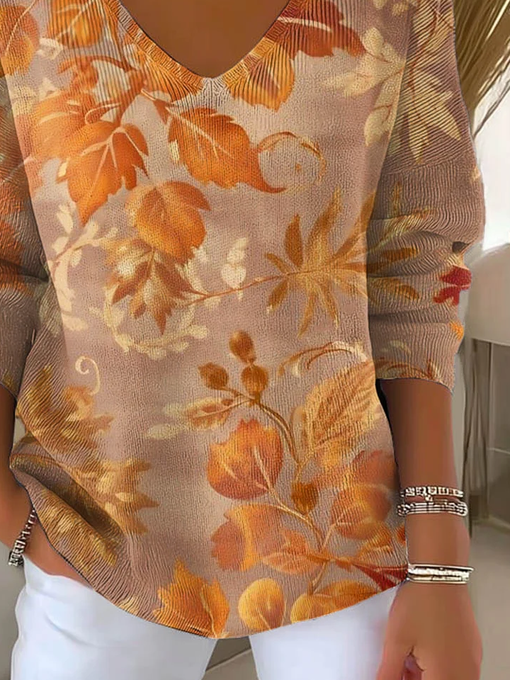 Lässig Ahornblatt V-Ausschnitt Langarm T-Shirt