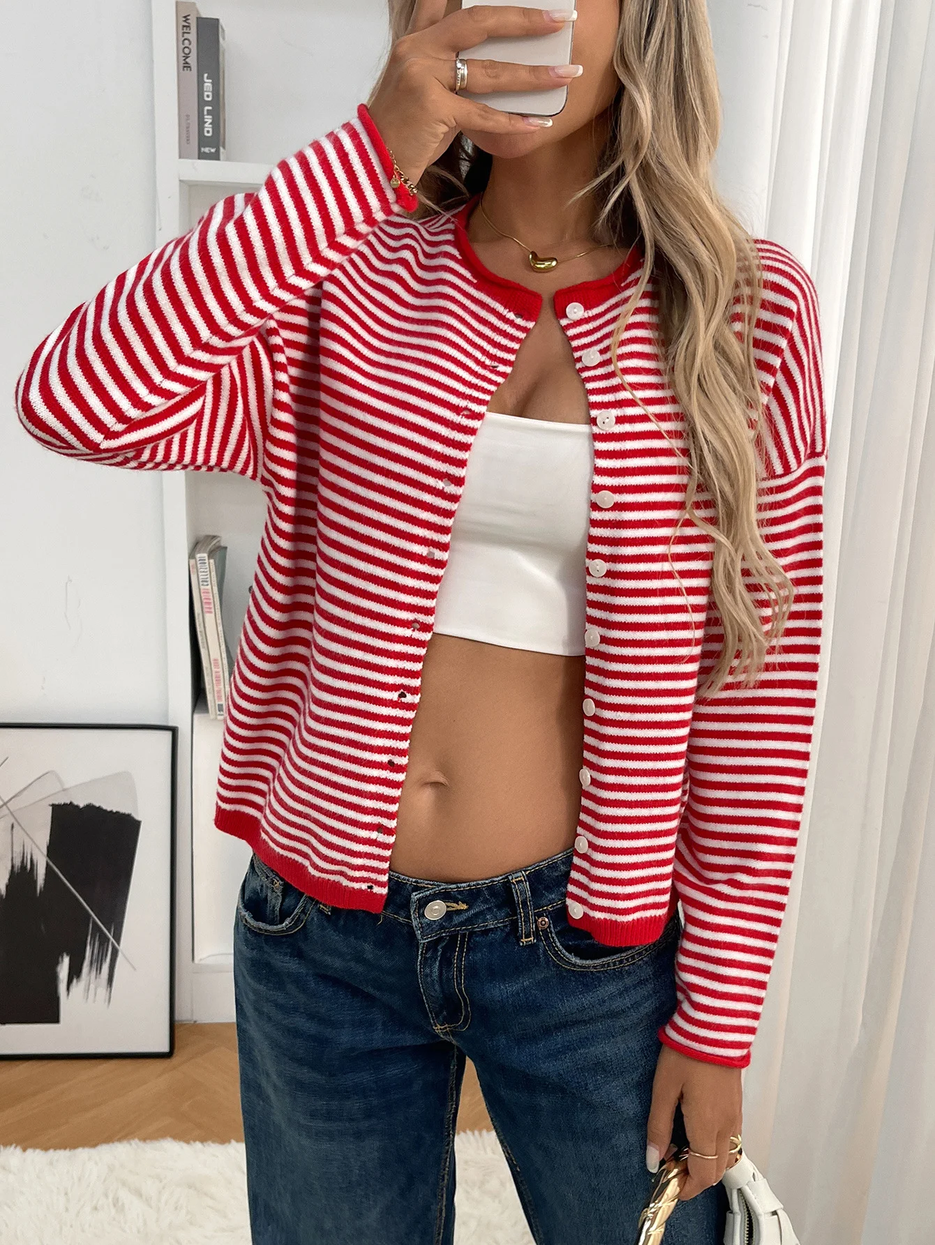 Damen Baumwolle Gestreift Langarm Bequem Lässig Strickjacke