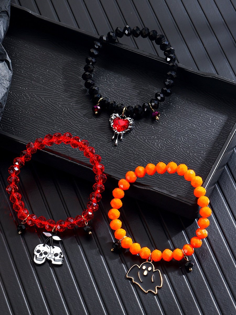Heiß Verkauf Orange Reis Perlen Kristall Metall-plattiert Polymer Ton Kürbis Schädel Pendant Halloween Perlen Armband