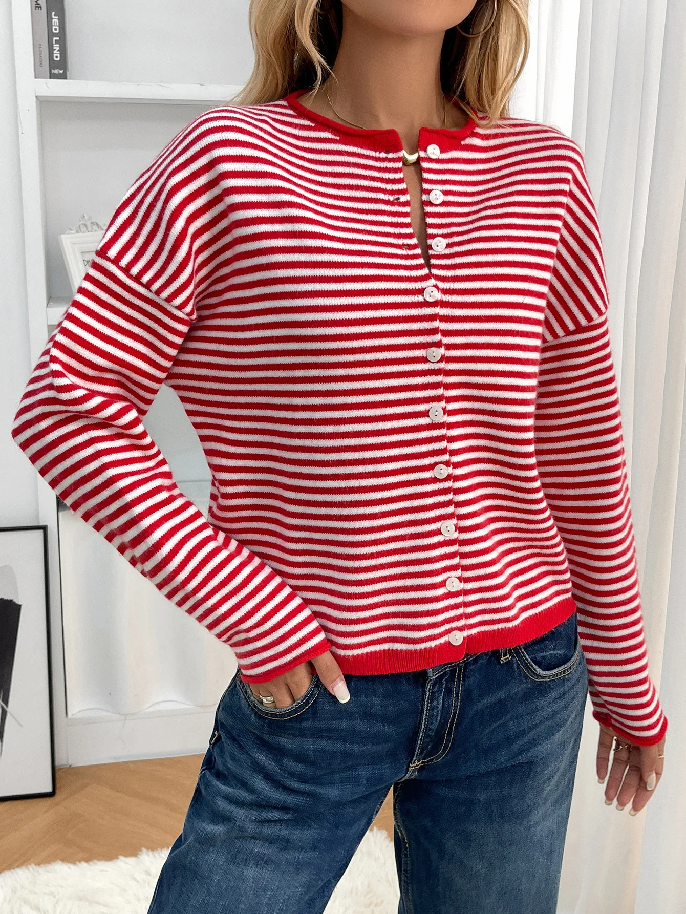 Damen Baumwolle Gestreift Langarm Bequem Lässig Strickjacke