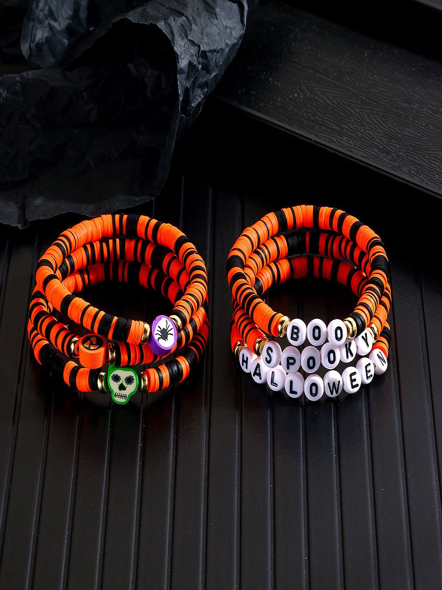 Heiß Verkauf Orange Reis Perlen Kristall Metall-plattiert Polymer Ton Kürbis Schädel Pendant Halloween Perlen Armband