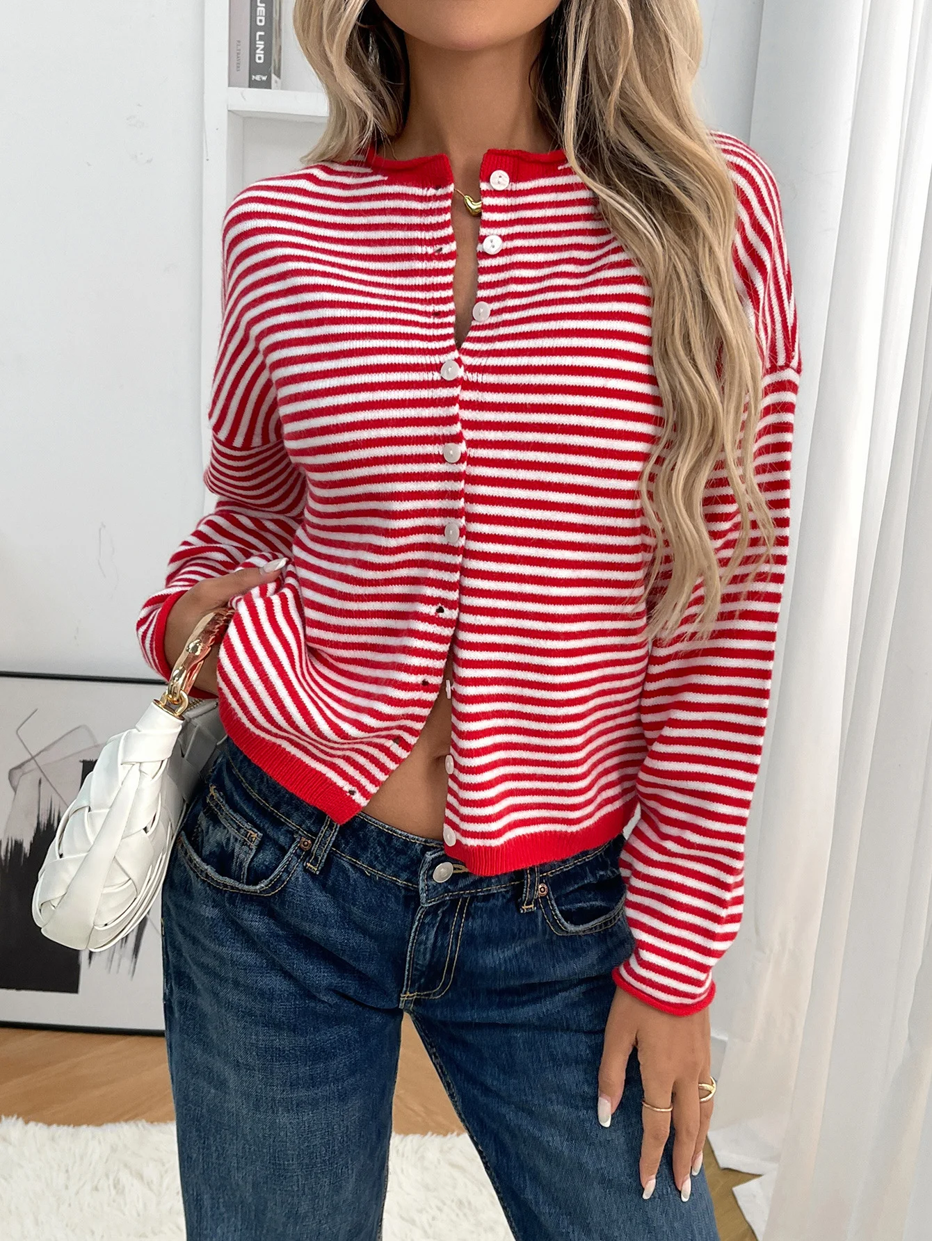 Damen Baumwolle Gestreift Langarm Bequem Lässig Strickjacke