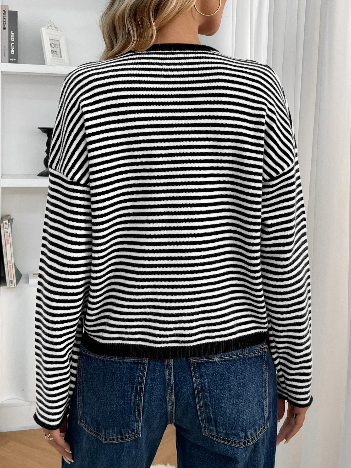 Damen Baumwolle Gestreift Langarm Bequem Lässig Strickjacke