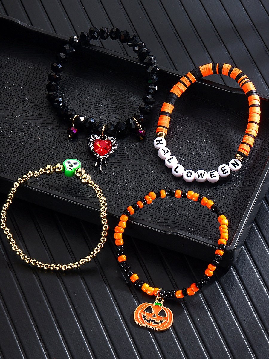 Heiß Verkauf Orange Reis Perlen Kristall Metall-plattiert Polymer Ton Kürbis Schädel Pendant Halloween Perlen Armband