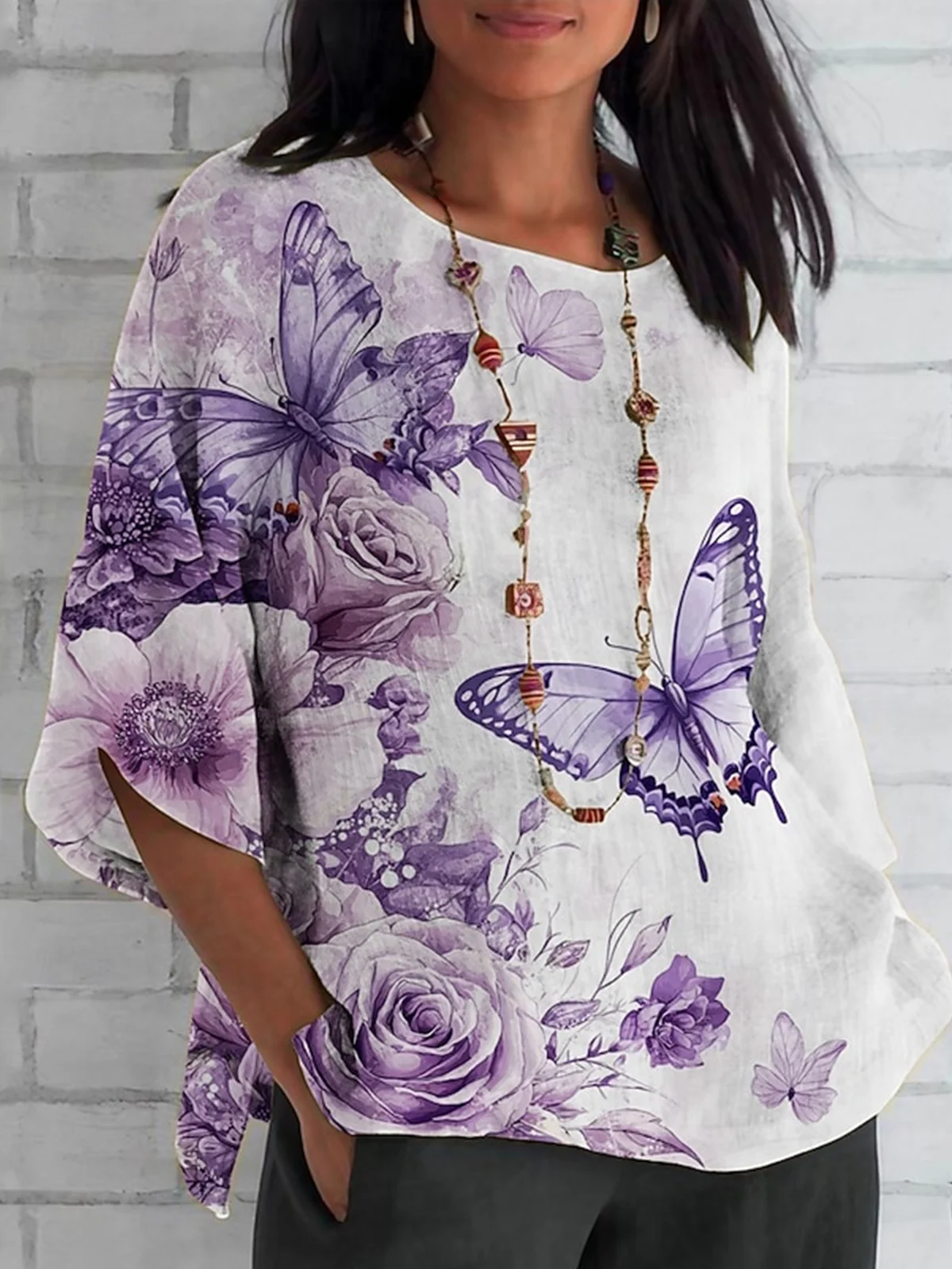 Rundhals Halbarm Geblümt Regelmäßig Regelmäßige Passform Bluse für Damen