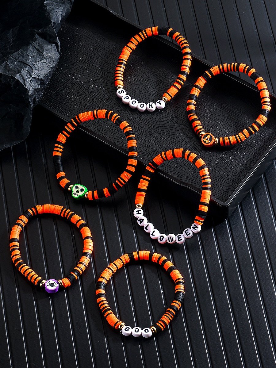 Heiß Verkauf Orange Reis Perlen Kristall Metall-plattiert Polymer Ton Kürbis Schädel Pendant Halloween Perlen Armband