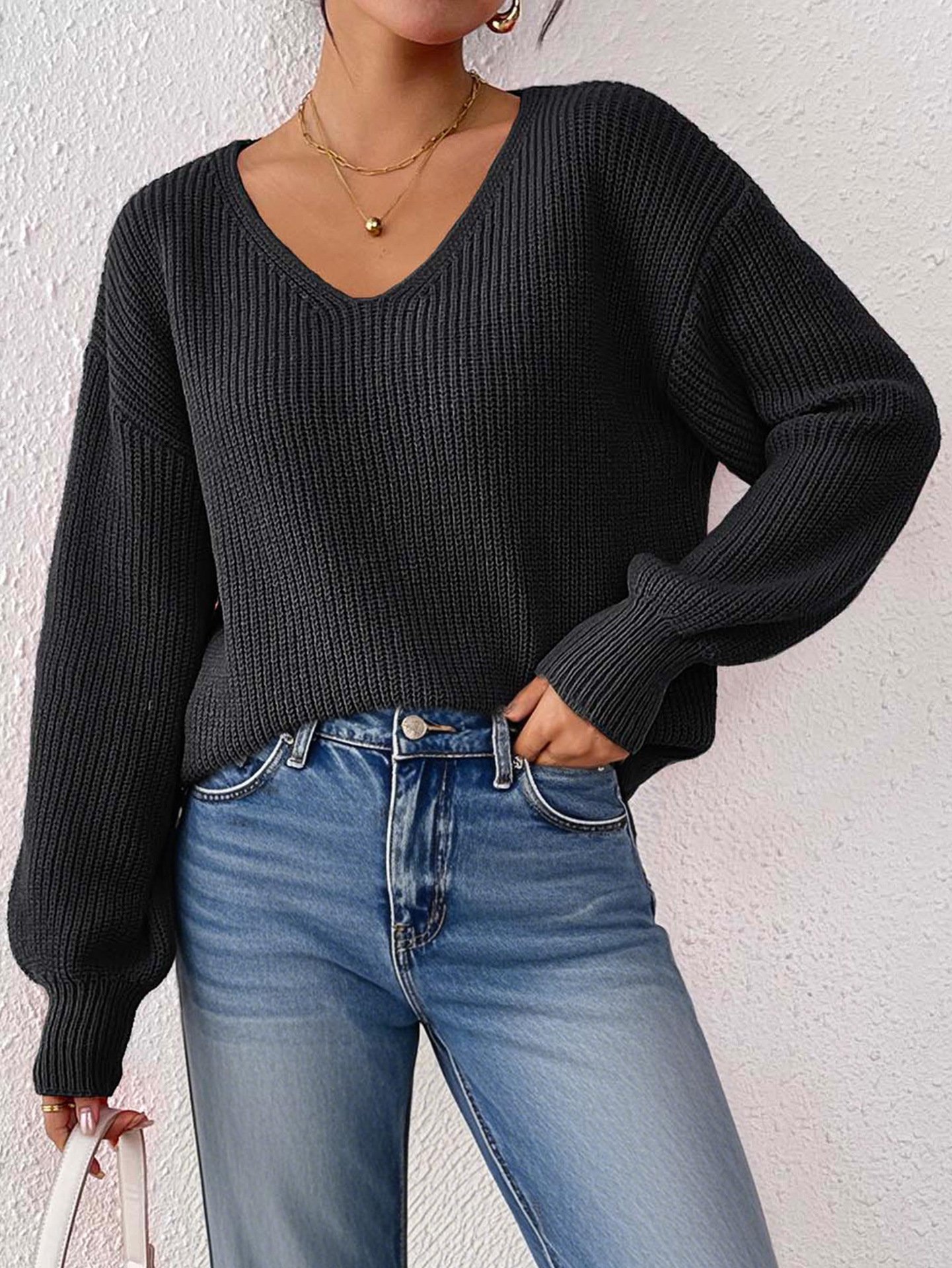 Damen Baumwolle Unifarben Langarm Bequem Lässig Pullover